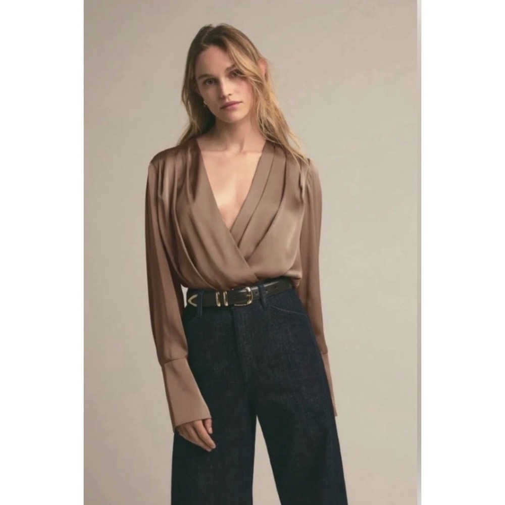 Favorite Daughter The Date Satin Surplice Blouse Bodysuit Taupe Bronze Small
